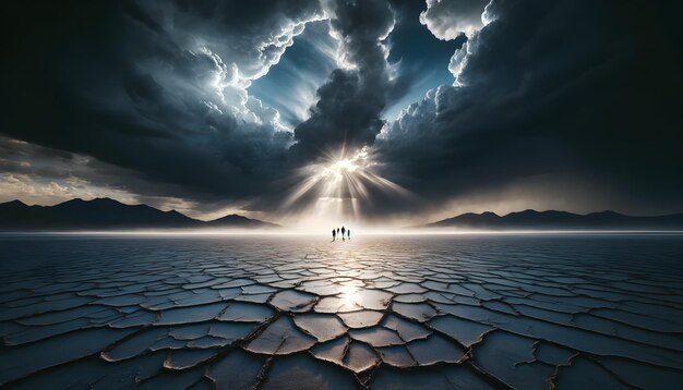 Surreal Dried Earth with Dramatic Sky and People