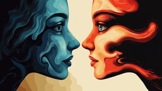 Photo surreal dual portrait of blue and red faces in contrast