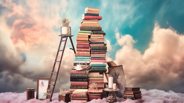 A surreal enchanting scene of a towering book stack and ladder set against a dreamy cloudfilled sky