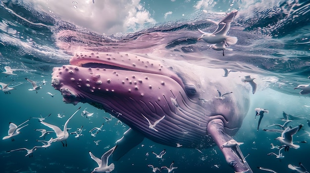 Surreal Encounter Pink Whale with Open Mouth Filled with Seagulls Underwater