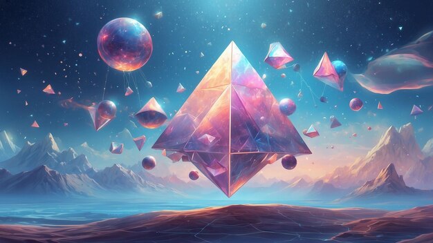 a surreal environment composed of tetrahedra suspended in midair creating a mesmerizing dreamscape