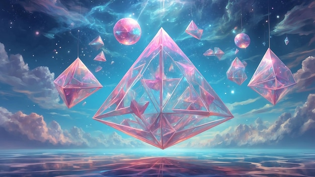 a surreal environment composed of tetrahedra suspended in midair creating a mesmerizing dreamscape