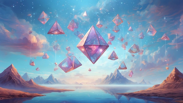 a surreal environment composed of tetrahedra suspended in midair creating a mesmerizing dreamscape