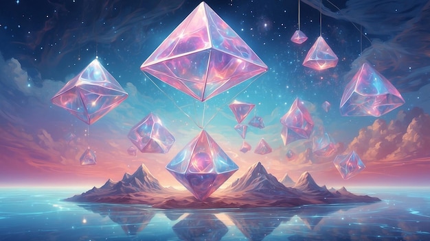 a surreal environment composed of tetrahedra suspended in midair creating a mesmerizing dreamscape