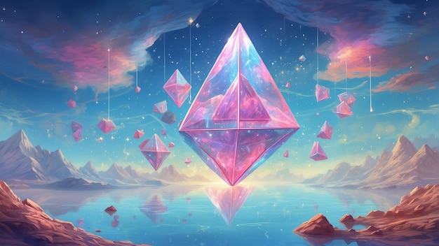 a surreal environment composed of tetrahedra suspended in midair creating a mesmerizing dreamscape