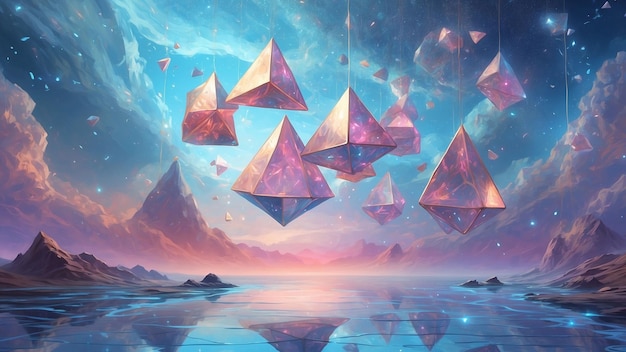 a surreal environment composed of tetrahedra suspended in midair creating a mesmerizing dreamscape