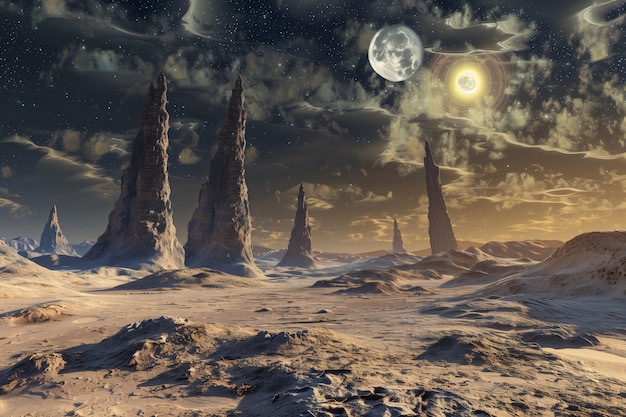 Surreal extraterrestrial scenery with majestic spires moon and sun amidst a galaxyfilled sky