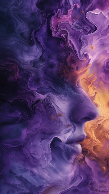 Surreal face silhouette in a swirl of purple and gold hues