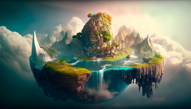 Surreal fairytale landscape with a floating island waterfalls and clouds Generative AI