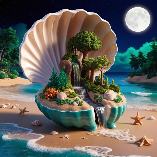 Photo surreal and fantastical digital artwork featuring a large seashell on a beach