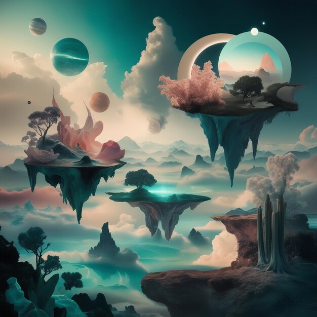 Photo surreal fantasy landscape with dreamlike mountains and floating spheres in a mystical atmosphere