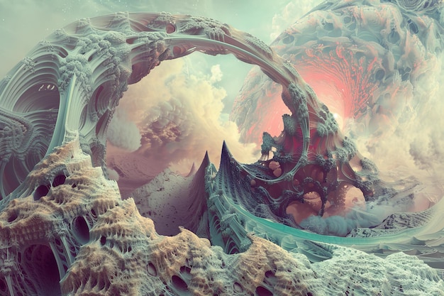 Surreal fantasy landscape with intricate alien structures and ethereal colors creating a dreamlike and otherworldly atmosphere