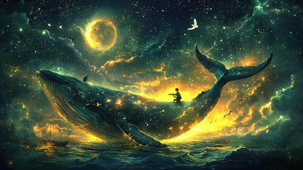 Surreal fantasy landscape with silhouetted whale and crescent moon in starry night sky