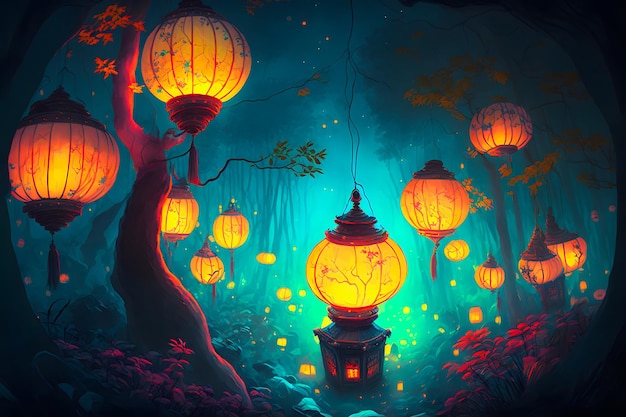 Surreal fantasy lantern festival in magic forest colorful lanterns glowing brightly hanging on trees neural network generated art