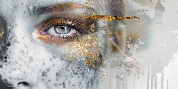 Surreal Female Portrait with Golden Eye Makeup and Grayscale Effects