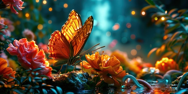 Photo surreal fine art photo of butterfly amid blurred flowers minimalistic photo with