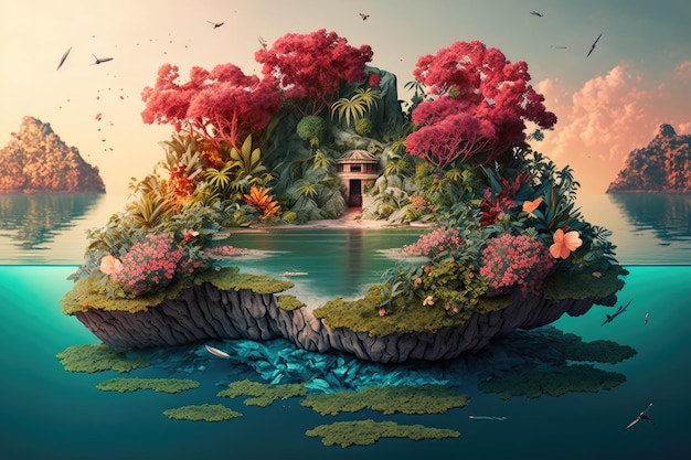 A surreal float island covered in lush greenery and vibrant flowers surrounded by crystalclear waters created with generative ai