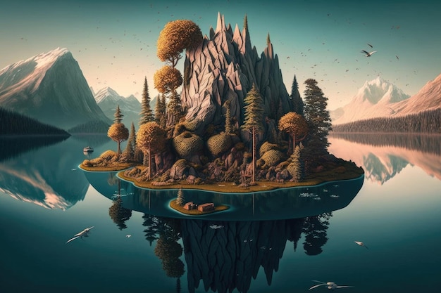 A surreal float island in a serene lake surrounded by tall trees and mountains