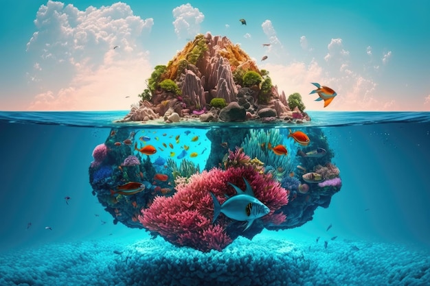 A surreal float island with a vibrant coral reef and tropical fish surrounded by crystal blue waters created with generative ai