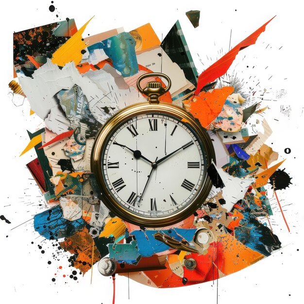 Photo surreal floating clocks with explosive timepieces