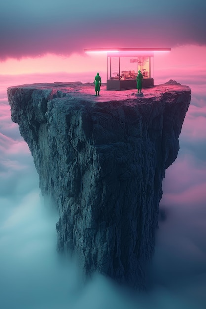 Photo surreal floating island with building and figures