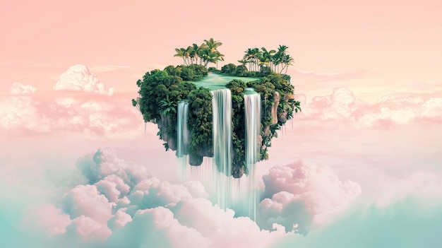 Photo surreal floating island with lush greenery and cascading waterfalls in ethereal cloudy skies