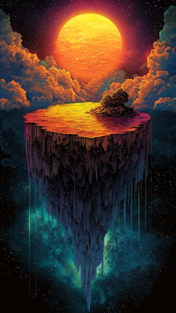 Photo surreal floating island with a vibrant sunset