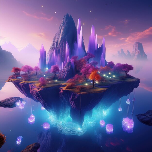 Photo surreal floating islands with glowing crystals