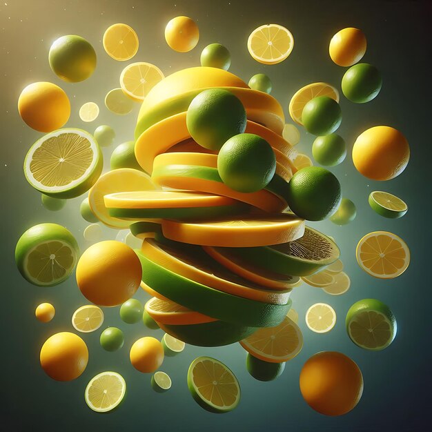 Photo surreal floating lemons and limes with reflecting skins gently rotating slices in midair