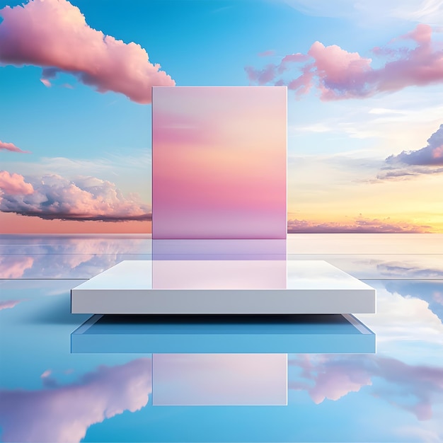 Photo surreal floating podium in colorful cloud filled sky