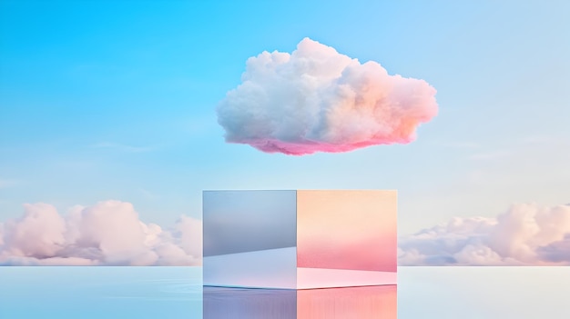 Photo surreal floating podium in vibrant cloudfilled sky with ethereal atmosphere