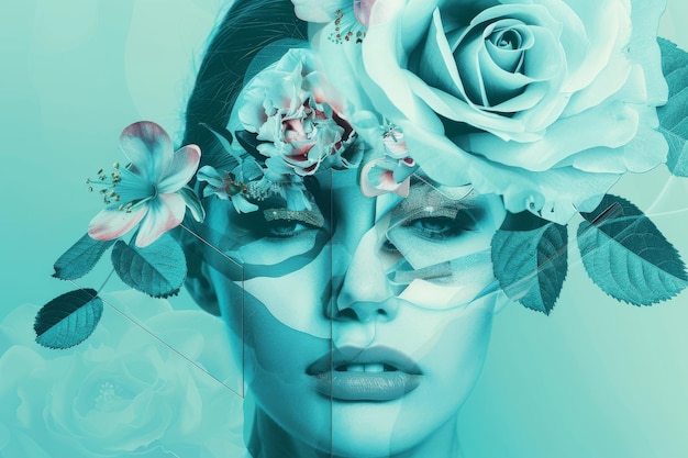 Photo surreal floral woman portrait artistic concept with cool tones