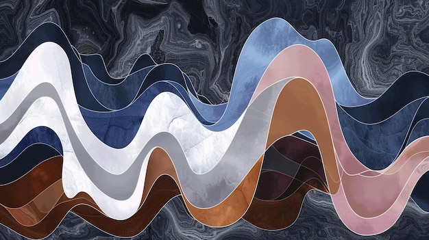 Photo surreal fluid art with blue brown and pink shapes on a dark grey gradient