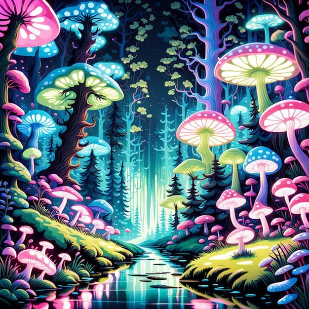 surreal forest landscape where every plant and tree emits a neon glow