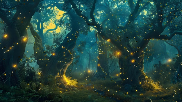 Surreal forest where ancient gnarled trees are illuminated by glowing fireflies