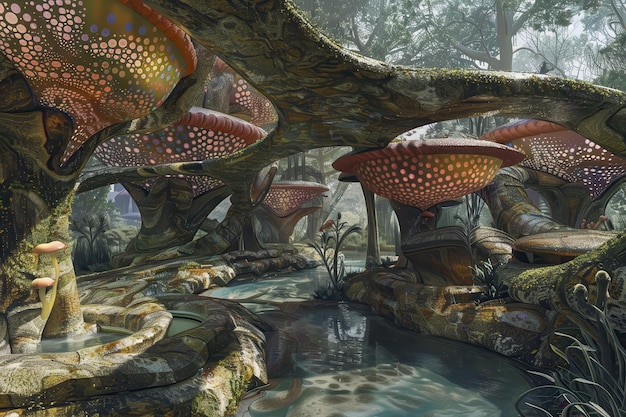 Photo surreal forest with giant mushrooms and waterway