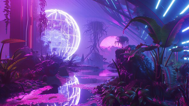 Photo surreal futuristic landscape with glowing orbs and neon lights