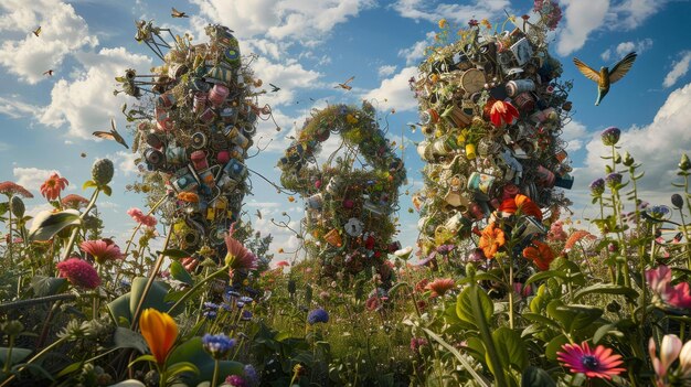 Photo surreal garden with recycling symbol blooming flowers and hummingbirds backdrop