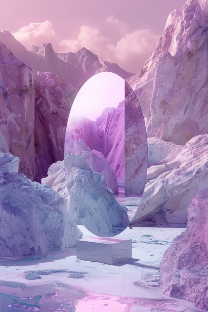 Surreal gateway in pink mountain landscape