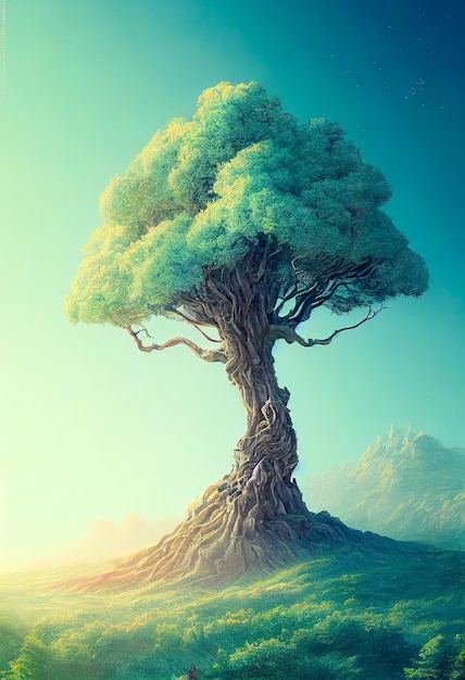 Surreal giant tree growing on a hill