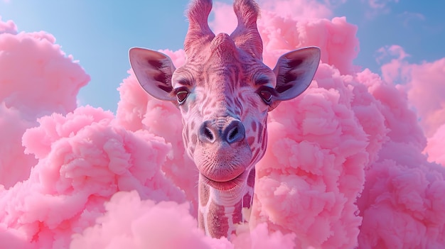 Photo surreal giraffe with colorful clouds in dreamlike sky