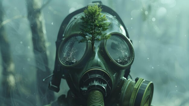 Photo surreal glass sphere reflecting dystopian gas mask in moody forest landscape