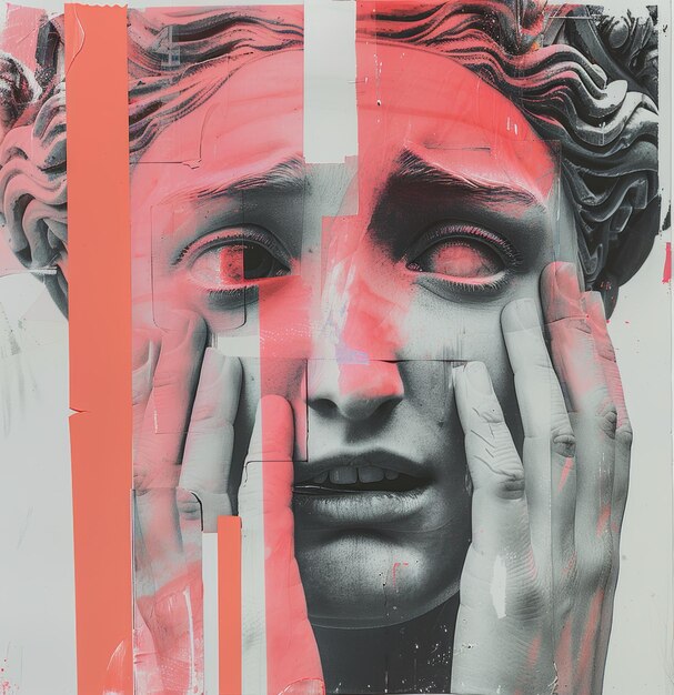 Surreal Glitch Art of Classical Sculpture with Neon Pink Accents