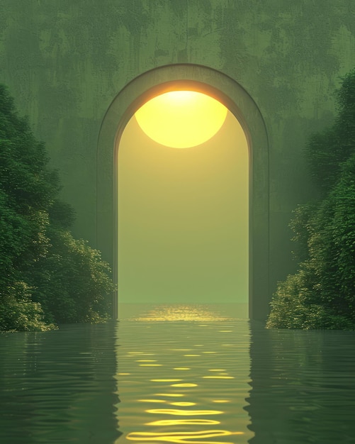 Photo surreal golden archway over water surrounded by lush greenery radiates tranquil atmosphere at