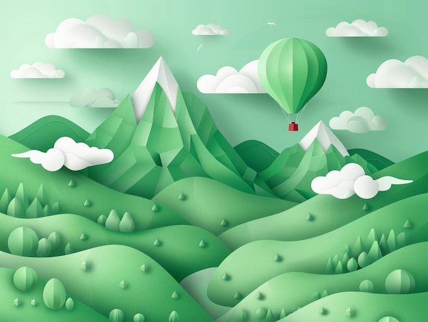 Surreal Green Mountains and Hot Air Balloon in an Idyllic Landscape with Paper Cut Style Artwork