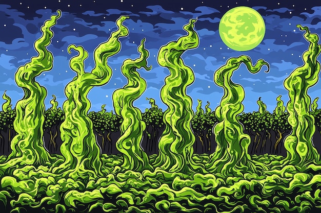 Surreal Green Trees Under Night Sky with Full Moon