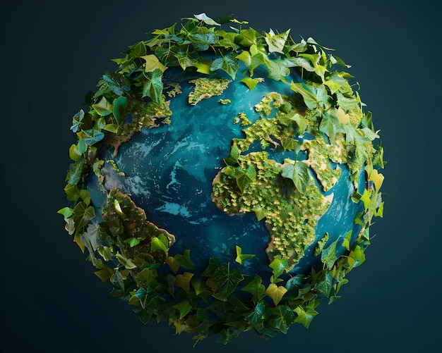 Surreal Green World 3D Rendering of Earth Composed of Vibrant Leaves Showcasing Nature39s