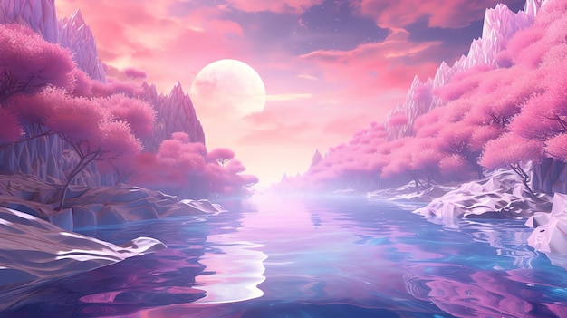 surreal holographic oasis and mountain landscape with vibrant and iridescent colors