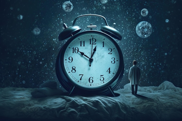 In the surreal illustration a man in a robe stands against a colossal alarm clock backdrop The juxtaposition of size and the late hour creates a sense of wonder and intrigue Generative AI