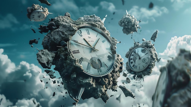 A surreal image of clocks embedded in crumbling rocks falling through a cloudy sky symbolizing the passage of time